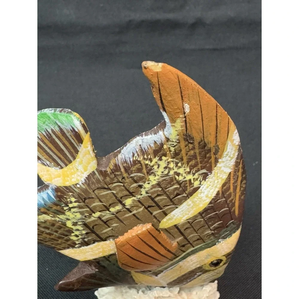 Hand Carved & Painted Wooden Angel Fish Mounted On Faux Natural Coral 4